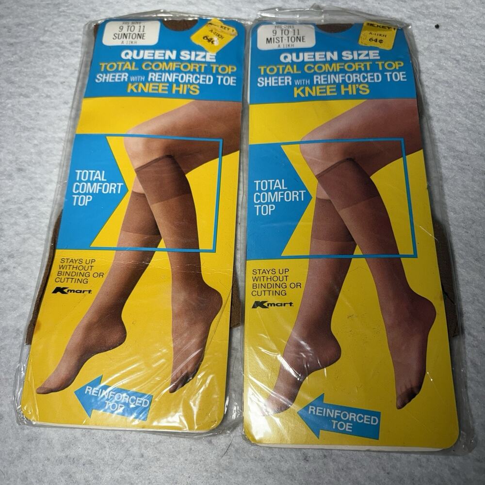 Kmart Knee Hi's Queen Size 9-11 Sheer Reinforced Suntone 2 Packs VTG Nylon Comfy
